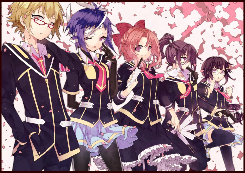 1boy 4girls armband bad_id bad_pixiv_id bandages bandaid black_hair blonde_hair blue_hair brown_hair emukae_mukae glasses gun hitoyoshi_zenkichi knife lari medaka_box multiple_girls naze_youka necktie pantyhose photoshop_(medium) pink_hair ponytail ribbon school_uniform skirt thighhighs torai_kudaki wanizuka_shori weapon