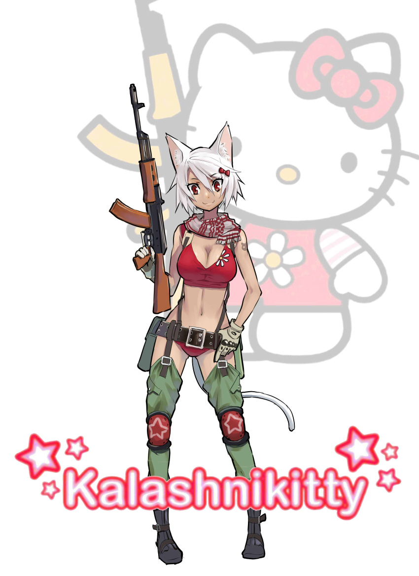 ak-74 animal_ears assault_rifle belt breasts brown_eyes cat_ears cat_tail chaps cleavage commentary_request female gloves gun hello_kitty hello_kitty_(character) highres hk33 kalashnikov_rifle large_breasts rifle sanrio scarf smile solo tail thighhighs weapon white_hair