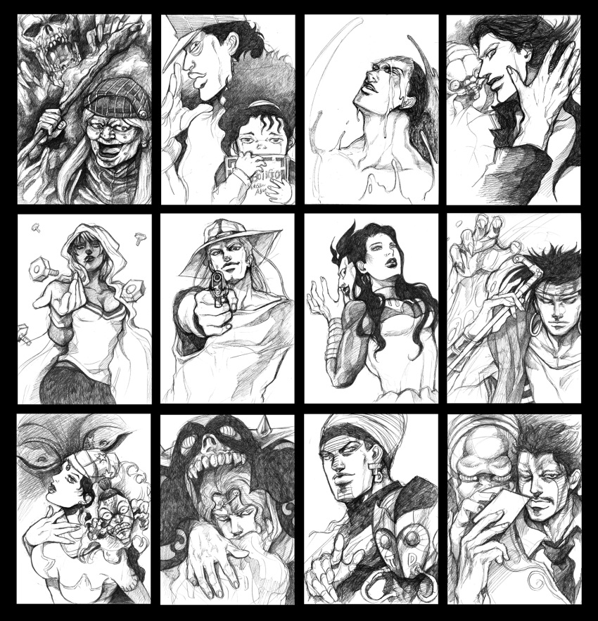 3girls 6+boys boingo bud_(korovsme) character_request commentary_request cream_(stand) daniel_j._d'arby devo graphite_(medium) greyscale highres hol_horse jojo_no_kimyou_na_bouken mariah_(jojo) midler monochrome multiple_boys multiple_girls n'doul oingo rubber_soul stand_(jojo) stardust_crusaders steely_dan terence_t._d'arby traditional_media vanilla_ice