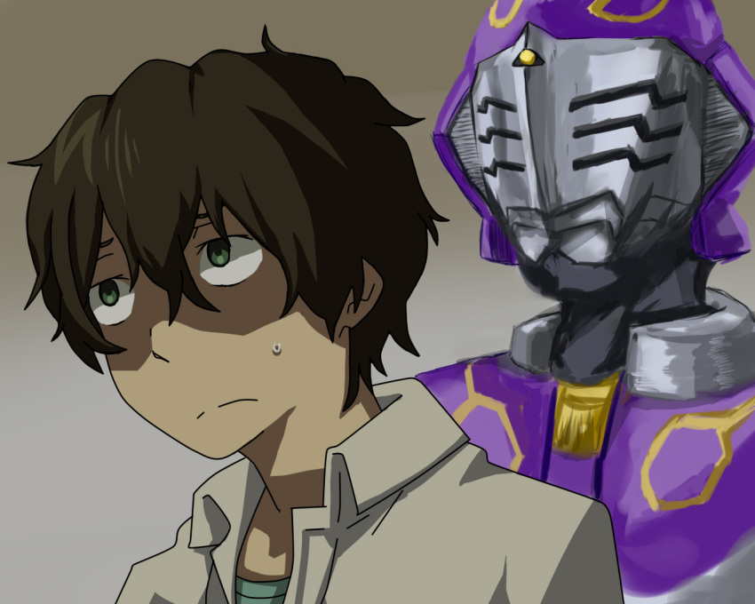 2boys armor commentary_request crossover full_armor hyouka kamen_rider kamen_rider_ouja kamen_rider_ryuki_(series) koukain multiple_boys oreki_houtarou school_uniform short_hair sweatdrop