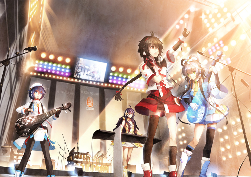 2boys 3girls \m/ arm_up black_socks black_thighhighs blue_eyes blue_hair braid brown_hair commentary_request drum drum_set fingerless_gloves flower gloves grey_hair guitar hair_flower hair_ornament hair_rings hat highres holding instrument long_hair luo_tianyi microphone mo_qingxian multiple_boys multiple_girls photoshop_(medium) piano scorpion5050 short_hair single_braid single_thighhigh socks stage standing thighhighs vocaloid vsinger yuezheng_ling yuezheng_longya zhiyu_moke