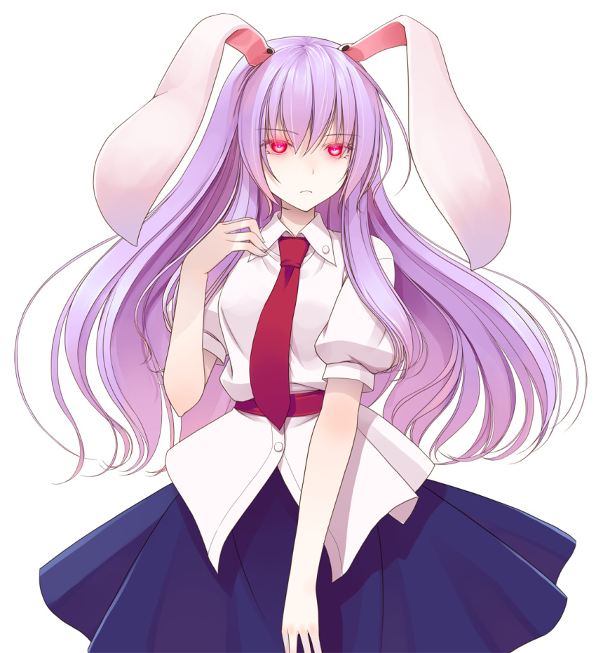 animal_ears commentary_request crote female glowing glowing_eyes highres long_hair necktie pink_hair puffy_sleeves rabbit_ears red_eyes red_necktie reisen_udongein_inaba short_sleeves solo standing touhou transparent_background very_long_hair