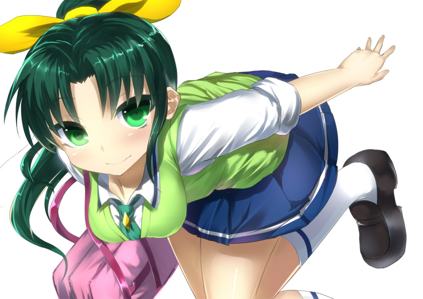 bad_id bad_pixiv_id blush female green_eyes green_hair green_necktie green_sweater_vest midorikawa_nao muunyan_(yumenekoya) nanairogaoka_middle_school_uniform necktie photoshop_(medium) ponytail precure school_uniform short_hair skirt sleeves_rolled_up smile smile_precure solo sweater_vest