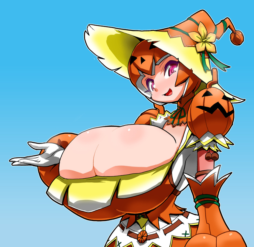 blush breasts capcom female gigantic_breasts hat highres histamine_c monster_hunter mosgharl_(armor) nightmare_(armor) pumpkin purple_eyes smile