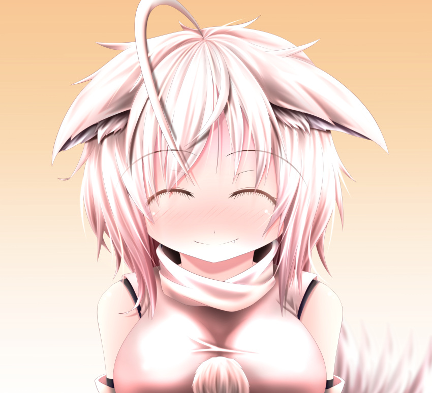 absurdres ahoge animal_ears blush closed_eyes commentary_request detached_sleeves evandragon female highres inubashiri_momiji short_hair smile solo tail touhou white_hair wolf_ears wolf_tail