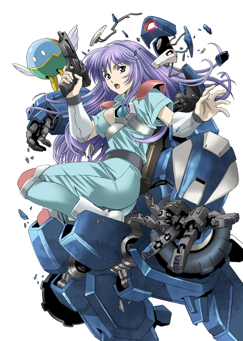 :o akai_koudan_zillion apple_(zillion) armor armoretter bad_id bad_pixiv_id blue_eyes blue_hair bodysuit commentary_request company_connection damaged debris energy_gun exposed_internal_machinery fantasy_zone female full_body gloves gun highres long_hair machinery mecha opa-opa photoshop_(medium) platin_(alios) power_armor ray_gun robot science_fiction sega sega_light_phaser shoes solo tricharger weapon white_background wreckage