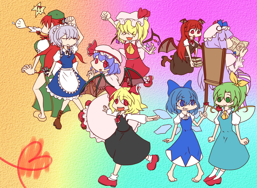 !? >_< 6+girls :< :3 :d :o apron ascot back barefoot bat_wings between_fingers blonde_hair blood blue_dress blue_eyes blue_hair book book_stack boots bow braid capelet chair chibi china_dress chinese_clothes cirno clenched_hand clenched_hands closed_eyes commentary_request crescent daiyousei dress dress_shirt embodiment_of_scarlet_devil everyone fairy_wings flandre_scarlet floating frills giving_up_the_ghost gradient_background green_dress green_eyes green_hair grey_hair grin hairbow happy hat hat_bow head_wings heart highres holding holding_book hong_meiling index_finger_raised izayoi_sakuya knife knifed koakuma large_bow long_hair long_sleeves looking_back low-tied_long_hair low_wings maid maid_headdress mary_janes multiple_girls necktie nose_bubble oerba_yun_fang open_book open_mouth outstretched_arms patchouli_knowledge pentagram pink_dress purple_dress purple_eyes purple_hair rainbow_background raised_fist reading red_eyes red_hair remilia_scarlet rumia shirt shoes short_hair short_sleeves side_ponytail side_slit sitting skirt skirt_set smile spit_take spitting spread_arms striped_clothes striped_dress tatudosi touhou twin_braids v-shaped_eyebrows vertical_stripes very_long_hair vest waist_apron white_shirt wide_sleeves wings x3