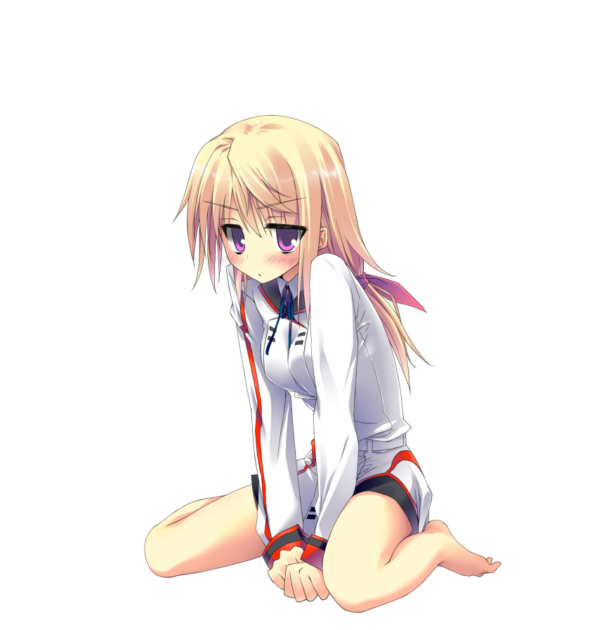 bad_id bad_pixiv_id barefoot blonde_hair blush charlotte_dunois female full_body highres infinite_stratos ite_fuji jitome long_hair photoshop_(medium) purple_eyes school_uniform simple_background sitting solo v_arms wariza white_background