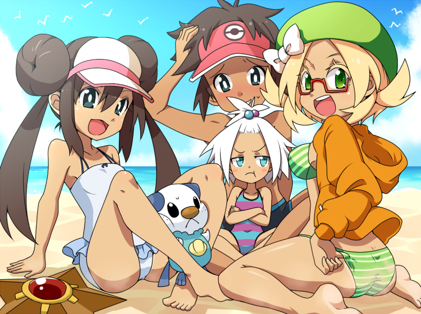 1boy 3girls :< :t aged_down ass bad_id bad_pixiv_id barefoot beach bianca_(pokemon) bikini blonde_hair blue_eyes blue_sky blush brown_hair casual_one-piece_swimsuit cloud colored_eyelashes day double_bun glasses green_bikini green_eyes hair_bun hat kotomuke_fuurin multiple_girls nate_(pokemon) ocean one-piece_swimsuit open_mouth oshawott outdoors pokemon pokemon_(creature) pokemon_bw2 red-framed_eyewear rosa_(pokemon) roxie_(pokemon) semi-rimless_eyewear sitting sky soles staryu striped_bikini striped_clothes swimsuit tan topknot twintails visor_cap white_hair