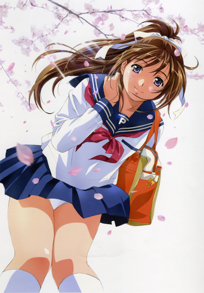 absurdres bag bent_over blue_eyes blush brown_hair charm_(object) cherry_blossoms female from_below highres kneehighs lips long_hair original panties pantyshot petals ponytail rin-sin school_bag school_uniform skirt smile socks solo underwear white_panties wind