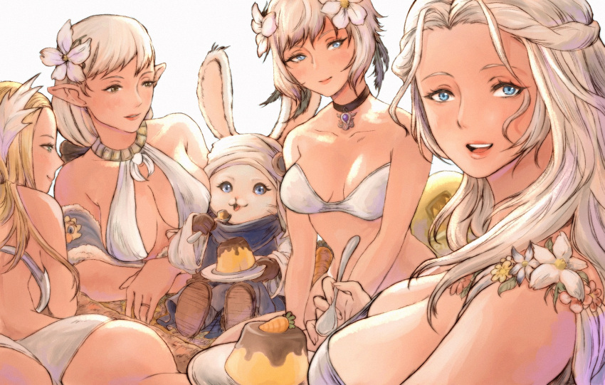 4girls ameliance_leveilleur animal_ears ass bikini breasts cat_ears cleavage elezen elf english_commentary final_fantasy final_fantasy_xiv flower food gloves gusty10rk hair_flower hair_ornament half_up_braid highres hyur kan-e-senna loporrit mature_female miqo'te multiple_girls open_mouth plate pointy_ears pudding puddingway smile spoon strapless strapless_bikini swimsuit venat_(ff14) white_bikini white_gloves y'shtola_rhul