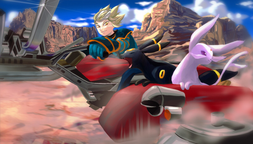 1boy bad_id bad_pixiv_id blonde_hair closed_eyes cloud commentary day driving dust_cloud engine espeon eyewear_on_head forehead_jewel forked_tail long_sleeves looking_to_the_side mesa motion_blur on_motorcycle open_mouth pokemon pokemon_(creature) pokemon_colosseum purple_eyes sidecar sky smile snag_machine tail tobi- umbreon wes_(pokemon) wind yellow_eyes