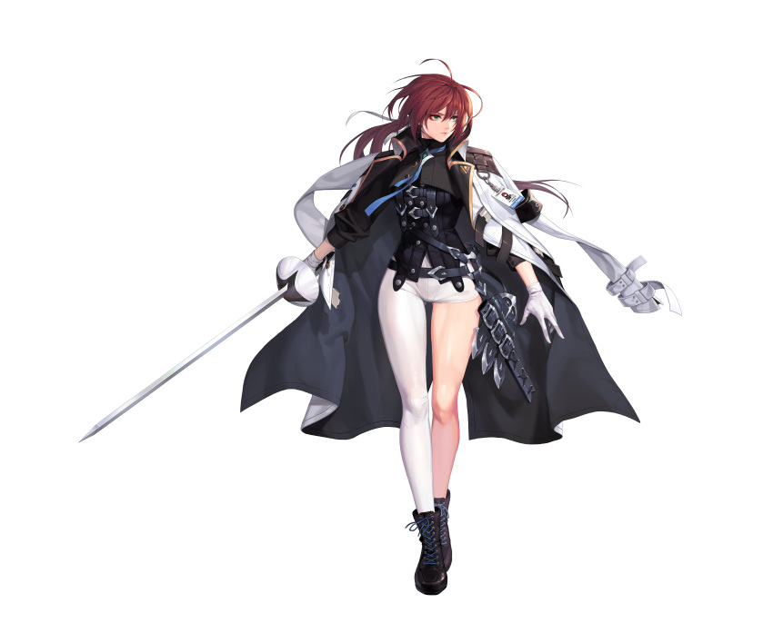 absurdres ahoge asymmetrical_pants badge black_footwear black_shirt black_survival boots brooch brown_hair closed_mouth coat coat_on_shoulders collar female fiora_pellerin full_body gloves green_eyes hair_between_eyes highres holding holding_sword holding_weapon jewelry lips looking_away official_alternate_costume official_art one_touch pants rapier shirt shoelaces solo standing sword transparent_background weapon white_coat white_gloves white_pants