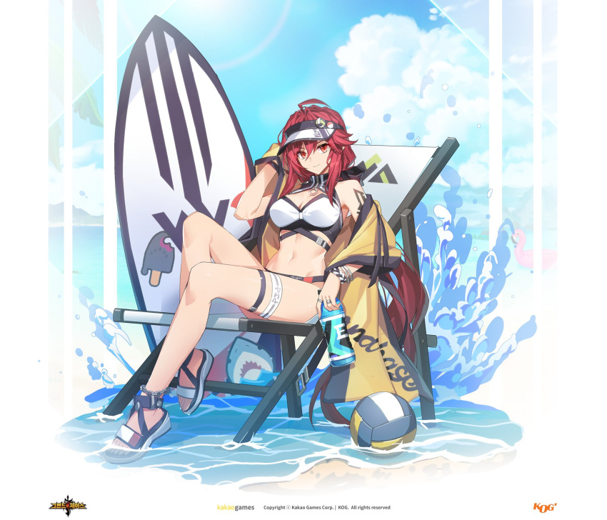 ahoge ball bangle bare_shoulders beach_chair beachball bikini black_bikini bottle bracelet breasts cleavage closed_mouth elesis_sieghart feet female grand_chase hand_up highres holding jacket jewelry knee_up korean_commentary large_breasts legs long_hair looking_at_viewer low_ponytail navel off_shoulder official_art open_clothes open_jacket red_eyes red_hair sandals shoulder_tattoo sitting smile solo stomach surfboard swimsuit tattoo thigh_strap thighs third-party_source toes two-tone_bikini very_long_hair visor_cap water white_bikini yellow_jacket