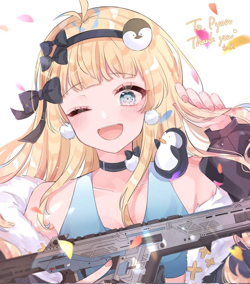 apex_legends assault_rifle black_bow black_hairband blonde_hair blue_eyes blue_sports_bra blush bow breasts cleavage commission english_commentary female gun hairband hairbow highres holding holding_gun holding_own_hair holding_weapon indie_virtual_youtuber long_hair mimishima_pyon one_eye_closed penguin_hair_ornament r-301_carbine rifle second-party_source shain skeb_commission smile sports_bra virtual_youtuber weapon white_background