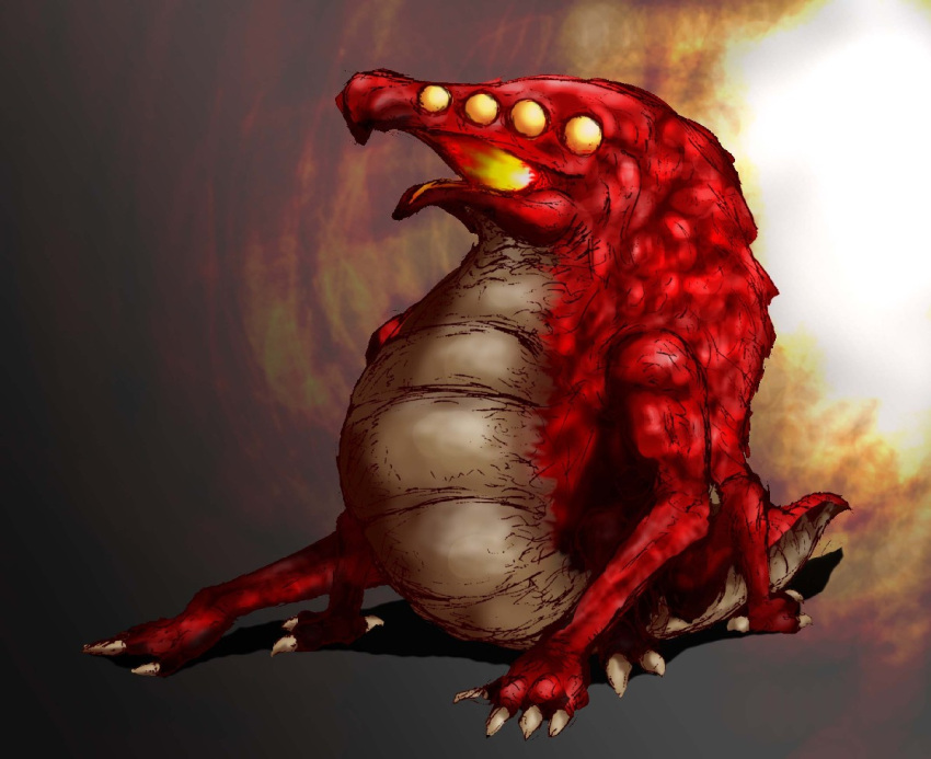 4_eyes 4_legs alien ambiguous_gender beak brown_background claws crocomire feral kous metroid multi_eye nintendo quadruped red_body red_scales scales scalie simple_background solo tan_body tan_scales yellow_eyes