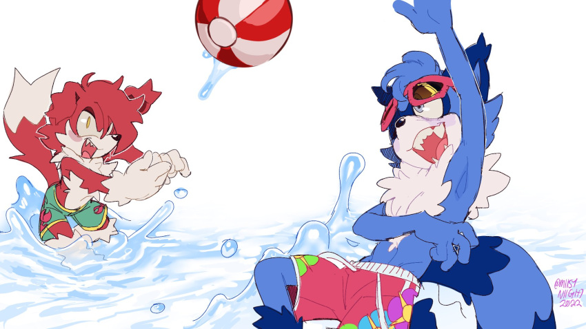 16:9 anthro ball beach_ball blue_body blue_fur blue_hair bottomwear canid canine canis clothing comet_the_dog dipstick_tail domestic_dog duo eyewear eyewear_on_head fan_character fangs fur hair happy hi_res inflatable male mammal markings miistniight open_mouth open_smile procyonid raccoon red_body red_fur red_hair ring_(marking) ringed_tail sega shorts smile sonic_the_hedgehog_(series) striped_markings striped_tail stripes sunglasses sunglasses_on_head swimming_trunks swimwear tail tail_markings teeth water widescreen