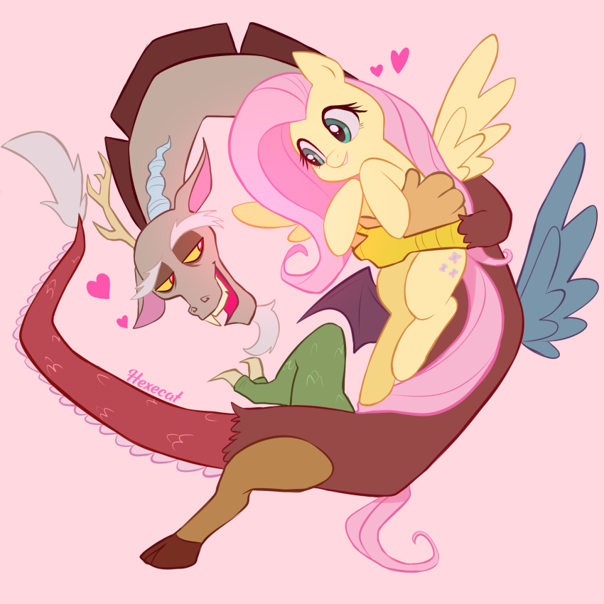 1:1 chimera discord_(mlp) draconequus dragon duo equid equine feathered_wings feathers female feral fluttershy_(mlp) friendship_is_magic fur hasbro hexecat hi_res horse hug hybrid male male/female mammal multicolored_body multicolored_fur my_little_pony mythological_creature mythological_equine mythological_scalie mythology pegasus pony scalie smile tail tail_tuft tuft wings yellow_body yellow_feathers yellow_fur yellow_wings