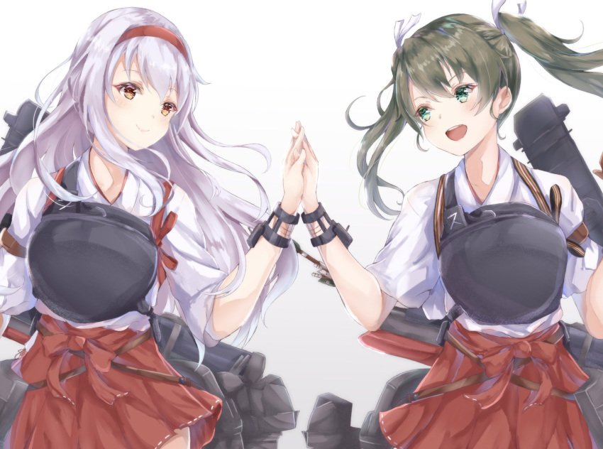 2girls :d arrow_(projectile) bad_id bad_twitter_id brown_eyes flight_deck green_eyes hair_ribbon hairband hakama hakama_short_skirt hakama_skirt highres holding_hands japanese_clothes kantai_collection long_hair looking_at_another multiple_girls muneate open_mouth pleated_skirt quiver red_hairband red_hakama ribbon sa-ya2 shoukaku_(kancolle) shoukaku_kai_ni_(kancolle) simple_background skirt smile twintails upper_body white_background white_hair white_ribbon zuikaku_(kancolle) zuikaku_kai_ni_(kancolle)