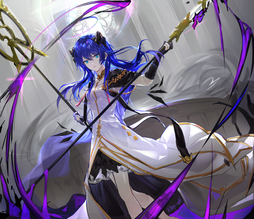 absurdres arknights bare_legs black_gloves blue_eyes blue_hair breasts church closed_mouth demon_horns dress elbow_gloves feet_out_of_frame female gloves gold_trim halo highres holding holding_staff horns indoors layered_dress long_hair looking_at_viewer mostima_(arknights) mostima_(spellbreaker)_(arknights) official_alternate_costume partially_fingerless_gloves short_sleeves small_breasts solo staff standing twice12314 very_long_hair white_dress