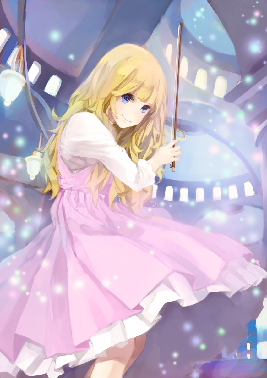 abstract_background absurdres blonde_hair blue_eyes closed_mouth commentary_request dress female highres holding instrument keko_(artist) long_hair long_sleeves looking_at_viewer miyazono_kawori music photoshop_(medium) pink_dress playing_instrument shigatsu_wa_kimi_no_uso smile solo standing two-tone_dress upper_body violin