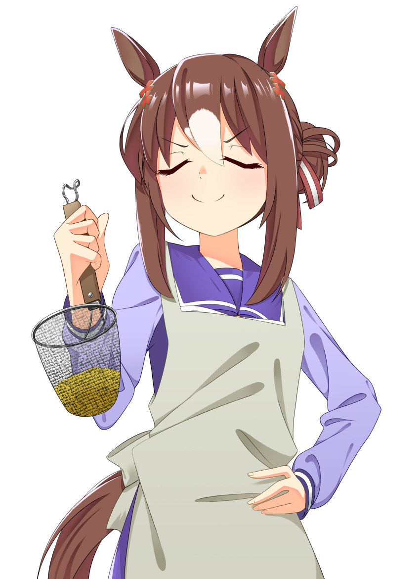 absurdres anano_(1205) animal_ears apron artist_name brown_hair closed_eyes closed_mouth doyagao female fine_motion_(umamusume) food grey_apron hair_between_eyes hair_bun hair_ribbon hand_on_own_hip highres horse_ears horse_girl horse_tail long_sleeves multicolored_hair noodle_strainer noodles purple_sailor_collar purple_shirt ramen ribbon sailor_collar sailor_shirt school_uniform serafuku shirt simple_background single_hair_bun smile smug solo strainer tail tracen_school_uniform two-tone_hair umamusume upper_body white_background white_hair winter_uniform