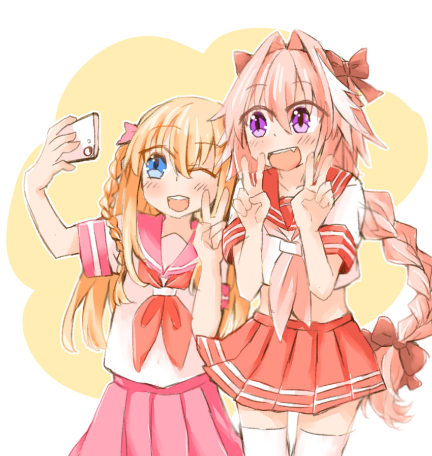 2boys :d ;d astolfo_(fate) astolfo_(fate)_(cosplay) astolfo_(sailor_paladin)_(fate) astolfo_(sailor_paladin)_(fate)_(cosplay) blonde_hair blue_eyes bow braid cellphone commentary_request cosplay crossover double_v fate/apocrypha fate_(series) hairbow highres male_focus midare_toushirou multiple_boys oerba_yun_fang official_alternate_costume one_eye_closed open_mouth otoko_no_ko phone pink_hair pleated_skirt purple_eyes school_uniform selfie serafuku single_braid skirt smartphone smile tomo_(tomotomo59) touken_ranbu trait_connection v