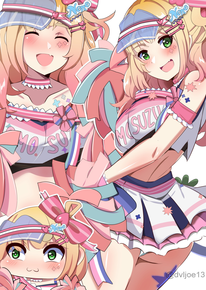 absurdres arm_garter blonde_hair blush bow breasts character_name cheerleader choker clothes_writing collarbone crop_top dvljoe facial_mark female frilled_choker frilled_wristband frills green_eyes hair_ornament hairbow hairclip heart heart_hair_ornament highres hololive layered_skirt long_hair miniskirt momosuzu_nene momosuzu_nene_(cheerleader) oerba_yun_fang pink_bow pink_choker pink_headwear pink_skirt sideways_hat skin_fang skirt tank_top twitter_username virtual_youtuber visor_cap wavy_hair white_tank_top wrist_cuffs