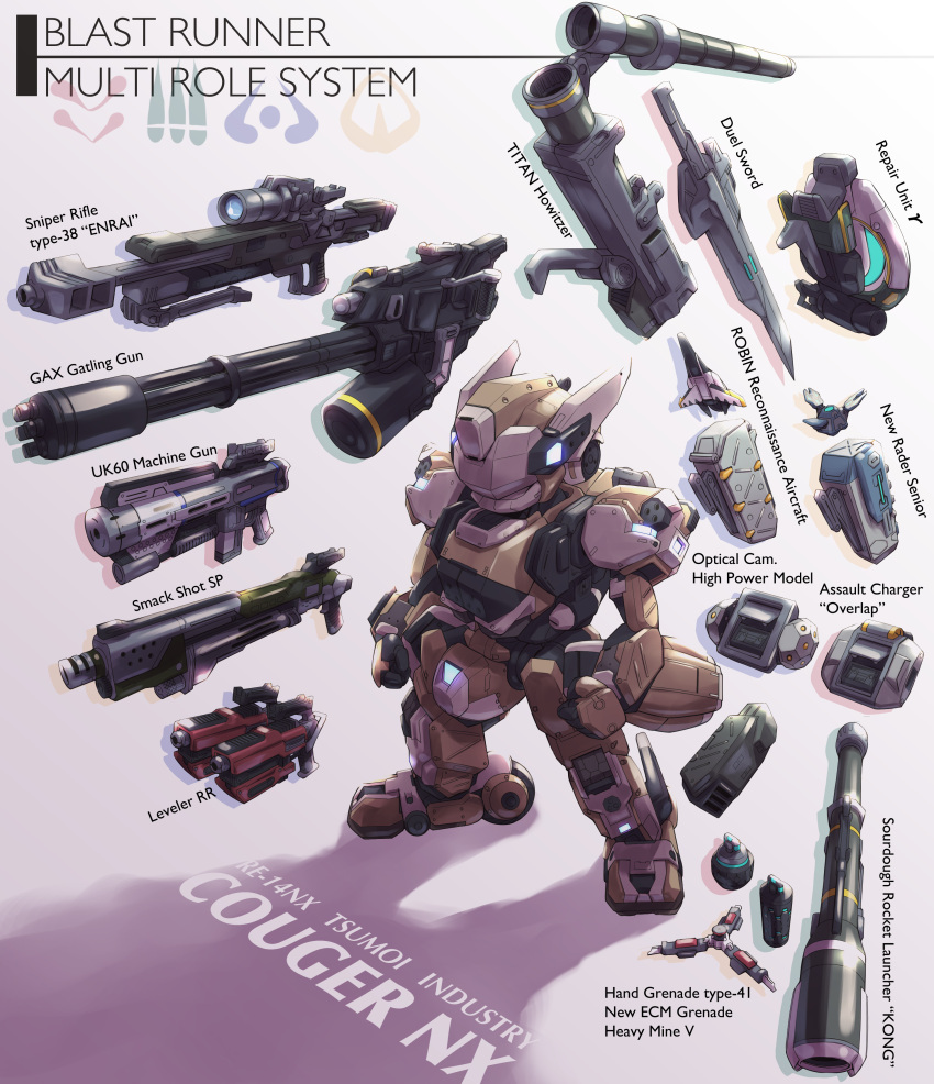 absurdres border_break chain_gun chibi clenched_hands commentary_request cougar_nx english_text fune_(fune93ojj) gun highres mecha no_humans rifle robot rocket_launcher science_fiction scope shotgun sniper_rifle solo sword weapon