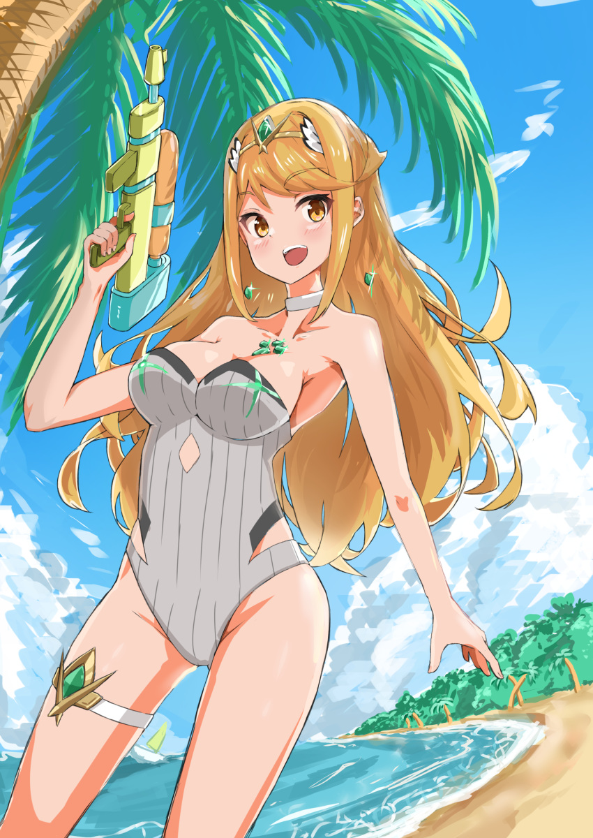 :d absurdres aotsuba bare_arms bare_legs bare_shoulders beach blonde_hair blue_sky blush breasts chest_jewel choker cowboy_shot day dutch_angle earrings female groin highres holding holding_water_gun jewelry long_hair medium_breasts mythra_(radiant_beach)_(xenoblade) mythra_(xenoblade) one-piece_swimsuit open_mouth outdoors palm_tree sky smile solo strapless strapless_one-piece_swimsuit swept_bangs swimsuit teeth thigh_strap tree upper_teeth_only water_gun white_choker white_one-piece_swimsuit xenoblade_chronicles_(series) xenoblade_chronicles_2 yellow_eyes