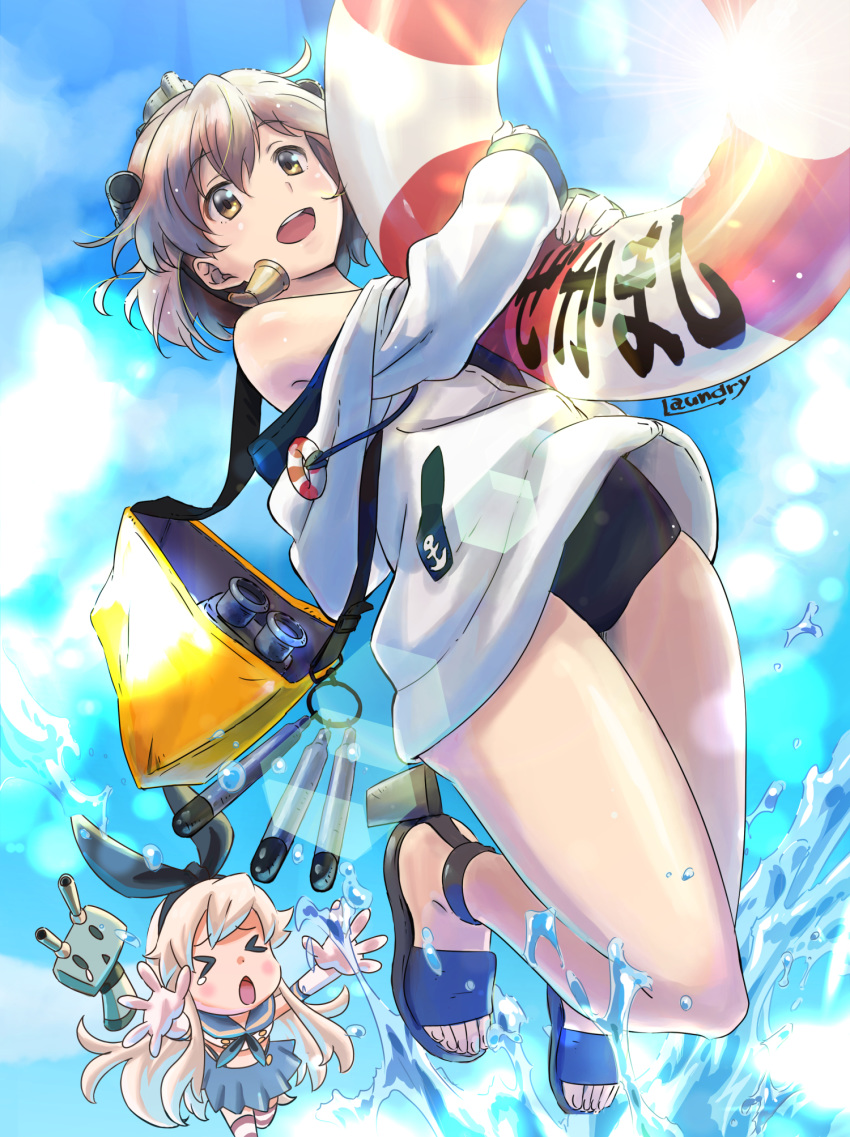 >_< 2girls alternate_costume anchor_symbol bag black_one-piece_swimsuit blue_sky brown_eyes brown_hair character_name chasing cloud commentary_request day drawstring elbow_gloves gloves headgear highres hood hooded_jacket hoodie jacket kantai_collection laundry_(randorii) lifebuoy lifebuoy_ornament looking_at_viewer multiple_girls one-piece_swimsuit open_mouth outdoors rensouhou-chan round_teeth sandals school_uniform shimakaze_(kancolle) short_hair sky smile solo_focus speaking_tube_headset swim_ring swimsuit teeth translation_request upper_teeth_only white_gloves white_jacket yukikaze_(kancolle) yukikaze_(swimsuit_mode)_(kancolle)