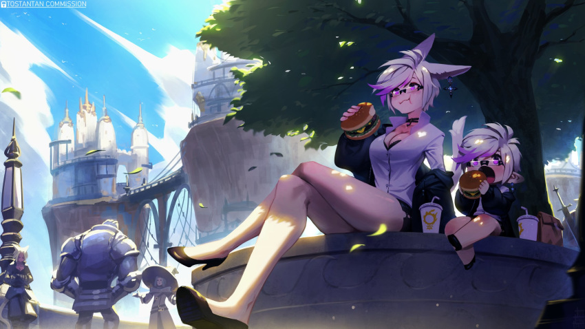 2girls 3others animal_ears armor black_jacket burger castle cat_ears cat_tail choker commentary commission crossed_legs earrings eating english_commentary fantasy final_fantasy final_fantasy_xiv food glasses gradient_hair high_heels highres jacket jewelry lalafell maria_reya miqo'te multicolored_hair multiple_girls multiple_others outdoors pointy_ears purple_eyes purple_hair shirt short_hair sitting tail tostantan tree two-tone_hair very_short_hair warrior_of_light_(ff14) white_hair white_shirt