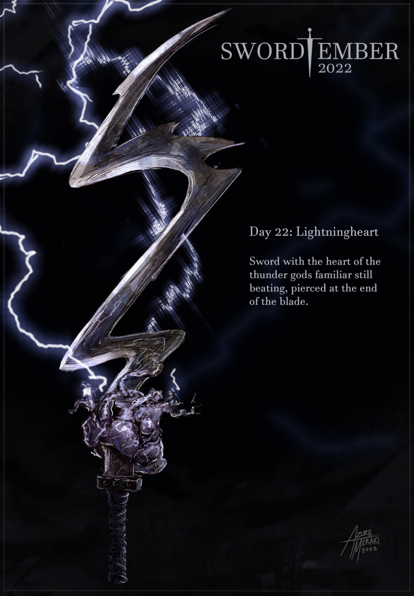 azure_meraki commentary dated electricity english_commentary english_text heart_(organ) highres lightning no_humans original ornate_weapon signature sword weapon weapon_focus