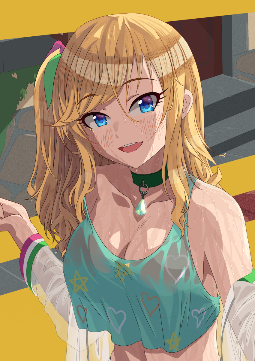 :d absurdres aqua_tank_top bare_shoulders blonde_hair blue_eyes breasts choker cleavage collarbone commentary_request crop_top crop_top_overhang day female gem green_choker green_gemstone green_ribbons hair_between_eyes hair_ribbon hand_up happy heart heart_print highres idolmaster idolmaster_cinderella_girls jacket jewelry large_breasts long_hair looking_at_viewer midriff mmmx_(fittails) moss navel no_bra off_shoulder ohtsuki_yui one_side_up open_clothes open_jacket open_mouth outdoors pendant pendant_choker pink_ribbon print_tank_top ribbon road see-through see-through_jacket see-through_silhouette sideboob smile solo stairs star_(symbol) star_print stone_wall strap_slip street swept_bangs tank_top teeth upper_body upper_teeth_only wall wet wet_clothes wet_hair white_jacket