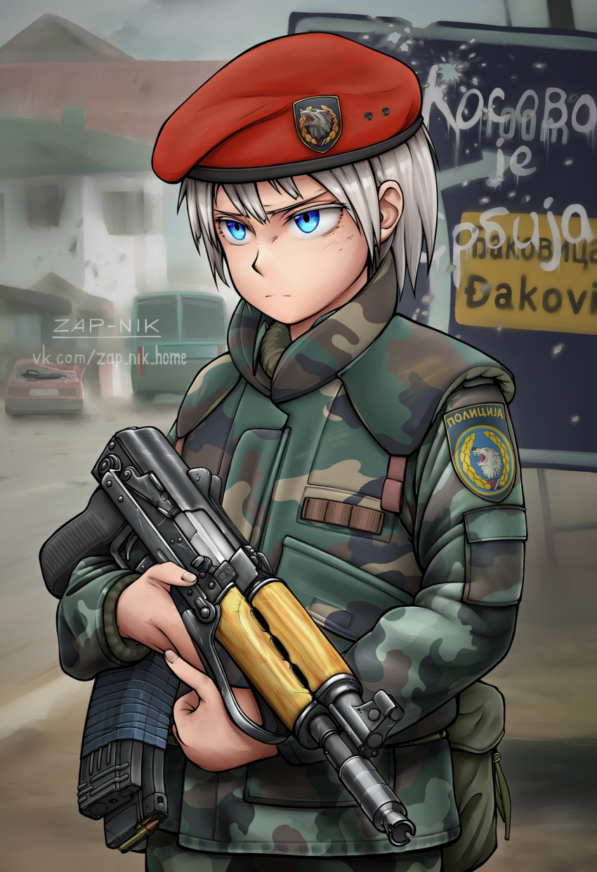 artist_name assault_rifle beret blue_eyes blurry blurry_background building camouflage camouflage_jacket car closed_mouth collar colored_eyelashes commentary commission cyrillic depth_of_field duct_tape emblem female fingernails frown fur_collar fur_trim green_jacket grey_hair grey_sky gun hat highres holding holding_gun holding_weapon insignia jacket jungle_style kalashnikov_rifle light_frown long_sleeves looking_to_the_side magazine_(weapon) military military_jacket military_uniform mixed-language_commentary motor_vehicle original patch pocket police pouch red_hat rifle russian_commentary serbia serbian_flag serbo-croatian_commentary serbo-croatian_text short_hair sign sky solo standing translated uniform unit_patch upper_body vkontakte_username watermark weapon web_address wolf_head woodland_camouflage wreath zap-nik zastava_m92