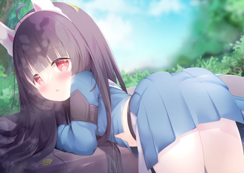 ahoge ass black_hair blue_archive blue_shirt blue_skirt blue_sky blurry blurry_background blush cloud commentary day depth_of_field english_commentary female from_behind headgear leaf leaf_on_head long_hair long_sleeves looking_at_viewer looking_back miyu_(blue_archive) navel outdoors pantyhose parted_lips pleated_skirt red_eyes renew_vivi shirt skirt sky solo very_long_hair