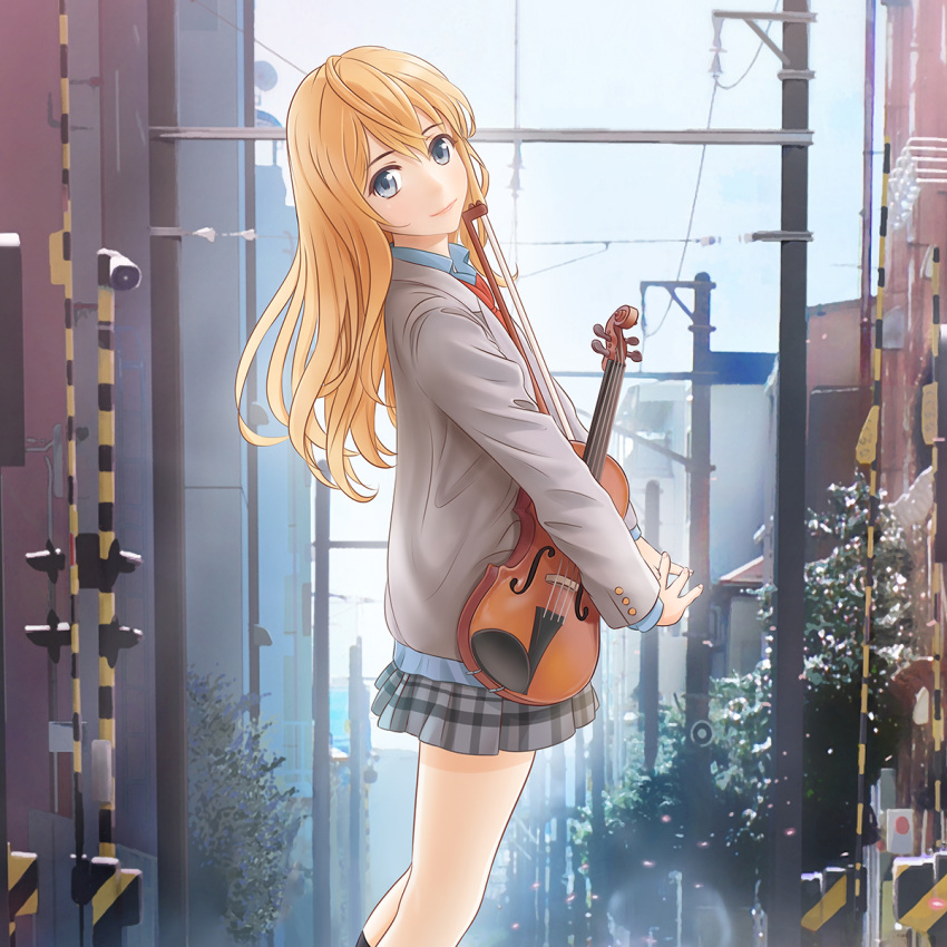 bad_id bad_pixiv_id blonde_hair blue_shirt cherry_blossoms city closed_mouth collar collared_shirt commentary_request d.r_(liu1029367675) female grey_jacket hair_between_eyes highres holding holding_instrument holding_violin instrument jacket long_hair long_sleeves looking_at_viewer miyazono_kawori necktie own_hands_together photoshop_(medium) red_necktie school_uniform shigatsu_wa_kimi_no_uso shirt skirt smile solo standing uniform violin