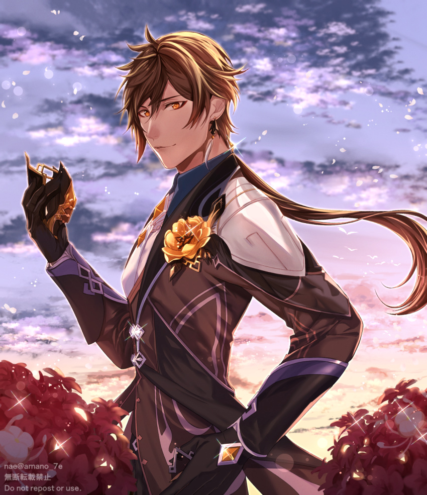 1boy amano_nae artifact_(genshin_impact) artist_name bad_id bad_pixiv_id black_gloves boutonniere brown_hair closed_mouth cloud cloudy_sky collared_shirt commentary day earrings eyeliner flower formal from_side genshin_impact gloves gradient_hair hair_between_eyes highres holding holding_mask jacket jewelry long_hair long_sleeves looking_at_viewer makeup male_focus mask multicolored_hair necktie orange_hair outdoors ponytail red_flower shirt silk_flower_(genshin_impact) single_earring sky smile solo sparkle suit tassel tassel_earrings white_necktie yellow_eyes yellow_flower zhongli_(genshin_impact)