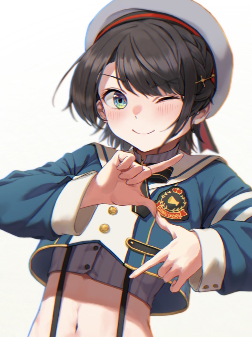 black_bow black_bowtie blue_eyes blue_jacket blurry blush bow bowtie braid brown_hair character_name chromatic_aberration commentary crop_top cropped_jacket cropped_shirt depth_of_field female gesture_request gradient_background grey_hat grey_shirt hair_ornament hairclip hat highres hololive jacket kanoe_(tatsukanoe) long_sleeves navel official_alternate_costume one_eye_closed oozora_subaru oozora_subaru_(work) sailor_hat shadow shirt short_hair sidelocks simple_background solo stomach striped_clothes striped_shirt suspenders swept_bangs upper_body vertical-striped_clothes vertical-striped_shirt virtual_youtuber white_background