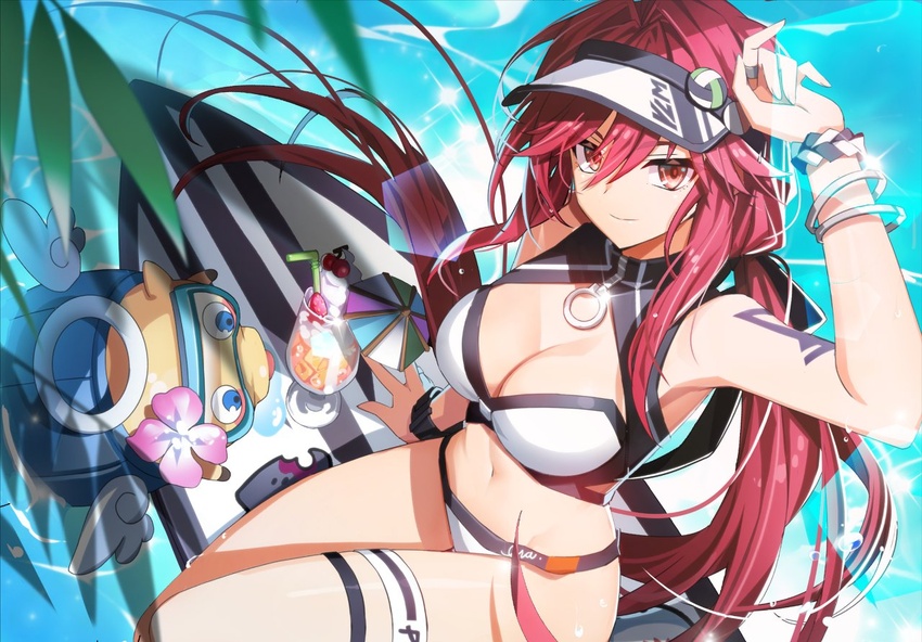 arm_up armpits bangle bare_shoulders bikini black_bikini bracelet breasts cleavage closed_mouth elesis_sieghart female from_above glint grand_chase jewelry korean_commentary large_breasts long_hair looking_at_viewer low_ponytail navel official_art parfait red_eyes red_hair shading_eyes shoulder_tattoo sitting smile solo stomach surfboard swimsuit tattoo thigh_strap thighs third-party_source two-tone_bikini very_long_hair visor_cap watch water white_bikini wristwatch