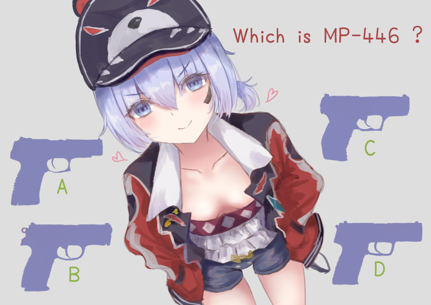 ? absurdres animal_ears animal_hat animal_print bear_ears bear_print blue_eyes blue_hair blue_shorts blush breasts closed_mouth collarbone dutch_angle fake_animal_ears female fnp-9 girls'_frontline grey_background gun h&k_usp hair_between_eyes handgun hat heart highres jacket martinreaction mp-446_(boisterous_rogue)_(girls'_frontline) mp-446_(girls'_frontline) mp-446_viking official_alternate_costume open_clothes open_jacket short_hair short_shorts shorts silhouette simple_background skindentation small_breasts solo standing thighs v-shaped_eyebrows walther walther_p99 weapon