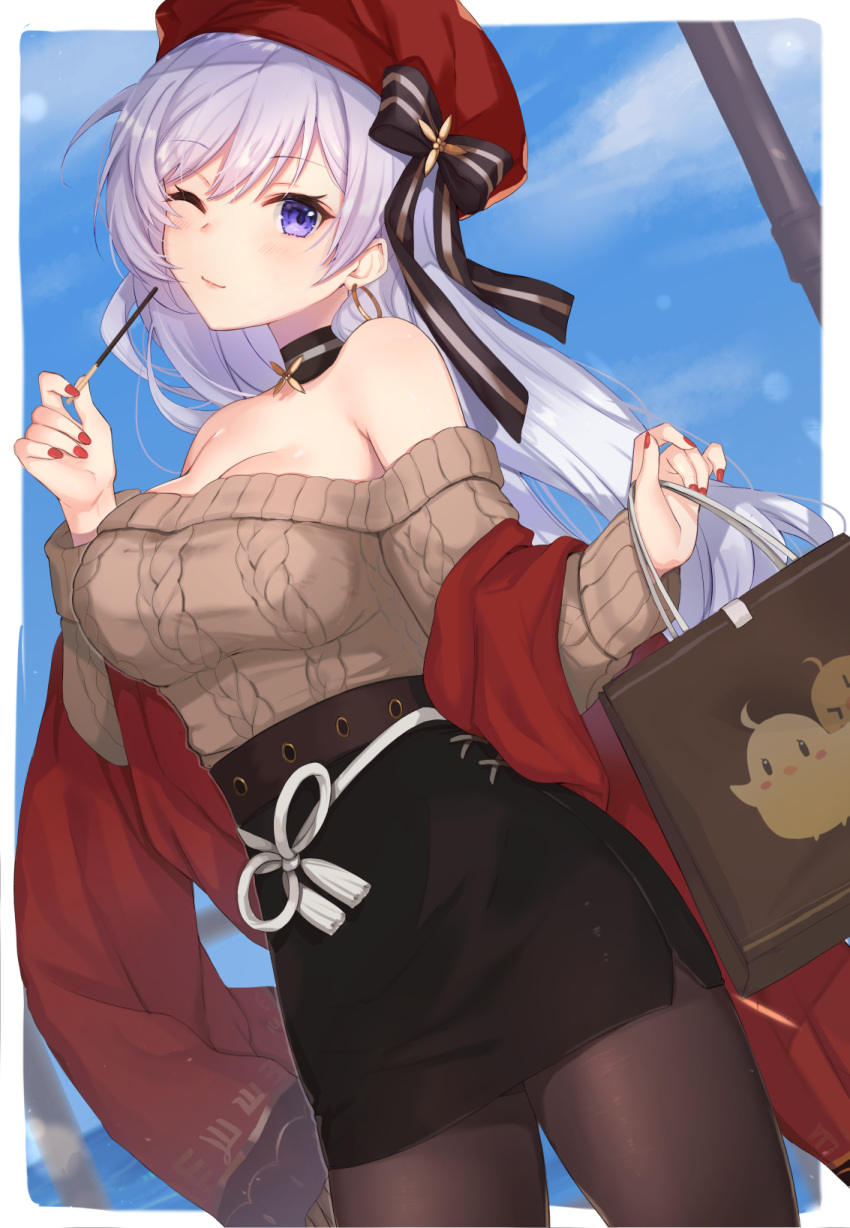 ;) aran_sweater azur_lane bare_shoulders belfast_(azur_lane) belfast_(shopping_with_the_head_maid)_(azur_lane) beret black_bow black_skirt blue_sky blush bow breasts brown_pantyhose brown_sweater cable_knit cleavage closed_mouth cloud commentary day earrings female food hat head_tilt highres holding holding_food hoop_earrings jewelry kon_(k0n16) large_breasts long_hair long_sleeves manjuu_(azur_lane) nail_polish off-shoulder_sweater off_shoulder official_alternate_costume one_eye_closed pantyhose pocky purple_eyes purple_hair red_hat red_nails skirt sky sleeves_past_wrists smile solo striped striped_bow sweater very_long_hair