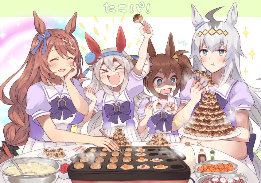 >_< 4girls ahoge animal_ears big_belly bow bowtie braid brown_hair cooking eating food grey_hair gum_(vivid_garden) hairband highres horse_ears horse_girl horseshoe_ornament inari_one_(umamusume) long_hair multiple_girls navel oerba_yun_fang oguri_cap_(umamusume) pleated_skirt puffy_short_sleeves puffy_sleeves purple_shirt sailor_collar sailor_shirt school_uniform shaded_face shirt short_sleeves skirt sparkling_eyes summer_uniform super_creek_(umamusume) takoyaki takoyaki_pan tamamo_cross_(umamusume) tracen_school_uniform twintails umamusume white_skirt x_navel