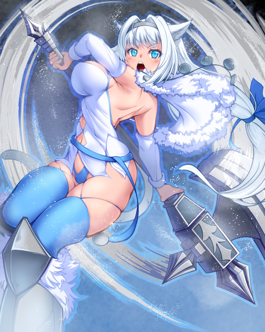 animal_ear_fluff animal_ears argyle_cutout armored_boots axe backless_dress backless_outfit bad_anatomy bare_shoulders blue_bow blue_eyes blue_panties blue_ribbon blue_thighhighs blush boots bow breasts cat_ears cat_girl cat_tail clothing_cutout detached_collar detached_sleeves dobrynya_nikitich_(fate) dress fate/grand_order fate_(series) feet_out_of_frame female fur_trim hairband hairbow highres holding holding_weapon knee_boots large_breasts long_hair looking_at_viewer looking_back low_ponytail navel open_mouth panties perky_breasts ribbon short_dress shoulder_blades skindentation solo tail taru_neko teeth thighhighs thighs twisted_torso two-handed underwear upper_teeth_only weapon white_dress white_hair