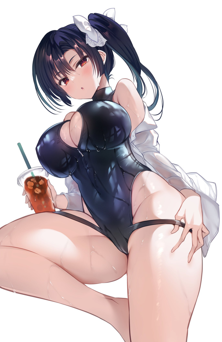 black_hair black_one-piece_swimsuit breasts cleavage collared_shirt commentary_request covered_navel cup disposable_cup dress_shirt drinking_straw female gakkou_de_seishun! hair_ribbon highres ice ice_cube iced_tea kamino_saori large_breasts looking_at_viewer one-piece_swimsuit original parted_lips red_eyes ribbon sanshoku_amido shirt side_ponytail simple_background solo swimsuit taut_clothes taut_swimsuit thick_thighs thighs wet white_background white_shirt