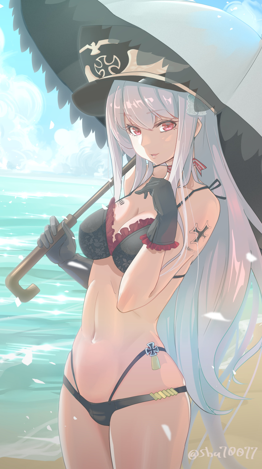 absurdres alternate_costume bikini black_bikini black_hat breasts cowboy_shot cross female girls'_frontline gloves hair_between_eyes hat highres holding holding_umbrella iron_cross kar98k_(girls'_frontline) long_hair military_hat ocean outdoors parasol pink_eyes shu70077 solo standing swimsuit tattoo umbrella white_hair