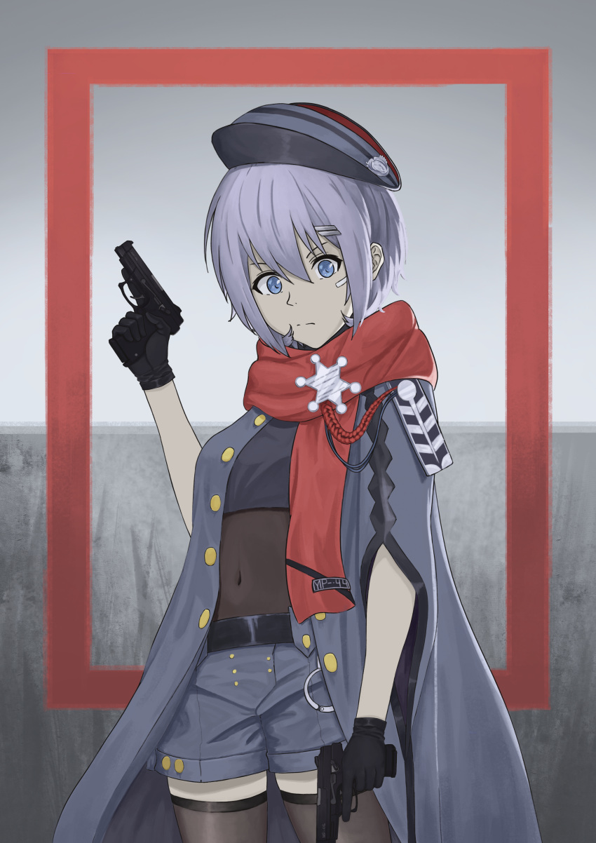 absurdres black_gloves black_thighhighs blue_eyes blue_hair buttons covered_navel cowboy_shot double-breasted dual_wielding female girls'_frontline gloves gun hair_ornament hairclip handgun hat highres holding holding_gun holding_weapon looking_at_viewer military_hat mp-446_(girls'_frontline) mp-446_(mod3)_(girls'_frontline) mp-446_viking red_scarf scarf short_hair shorts solo spitzernt standing thighhighs thighs trigger_discipline weapon