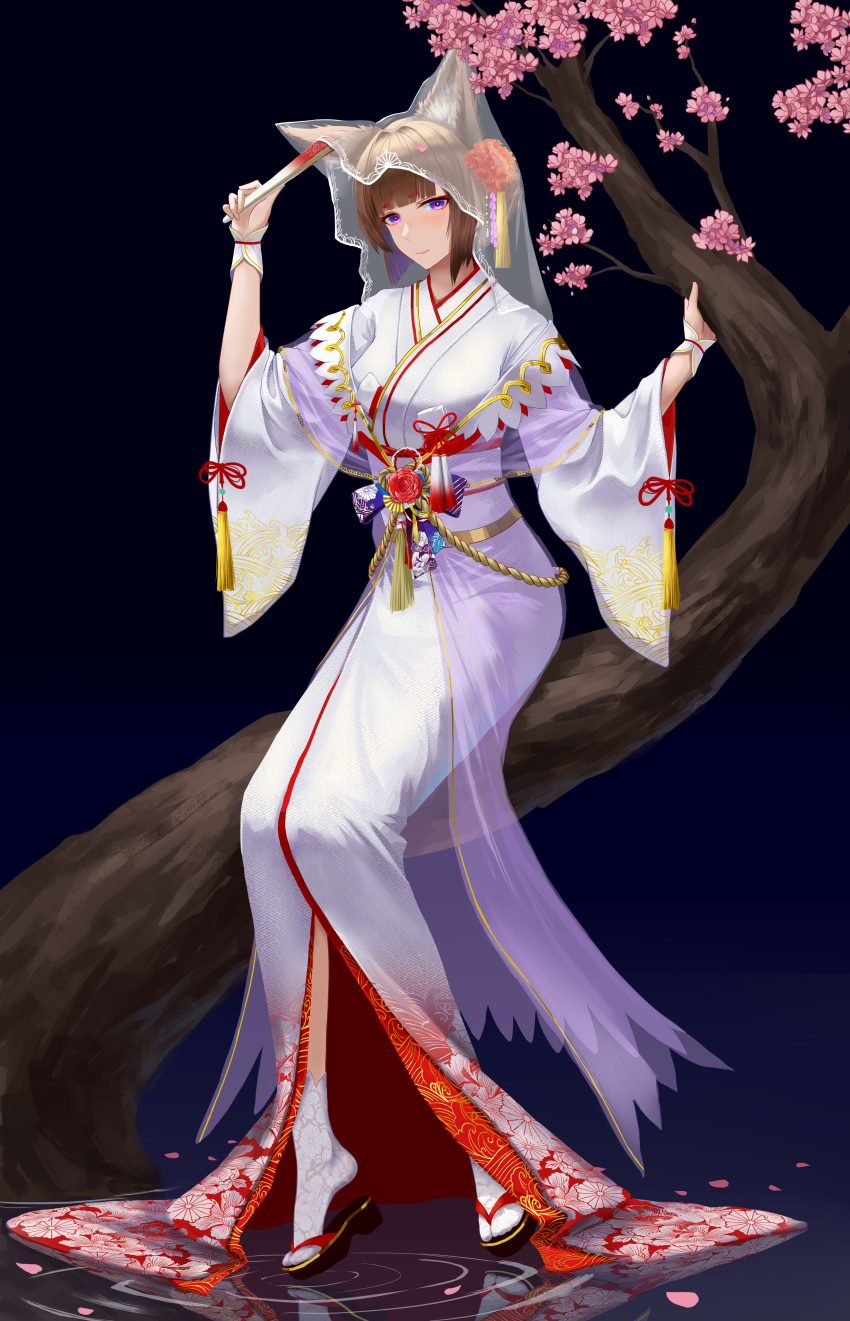 absurdres alternate_costume amagi_(azur_lane) animal_ears azur_lane blunt_bangs blush brown_hair cherry_blossoms eyeshadow female folding_fan fox_ears fox_girl frozen-sad full_body hand_fan highres holding holding_fan japanese_clothes kimono light_smile looking_at_viewer makeup purple_eyes red_pupils sandals short_eyebrows socks solo tabi tree uchikake veil white_kimono white_socks zouri