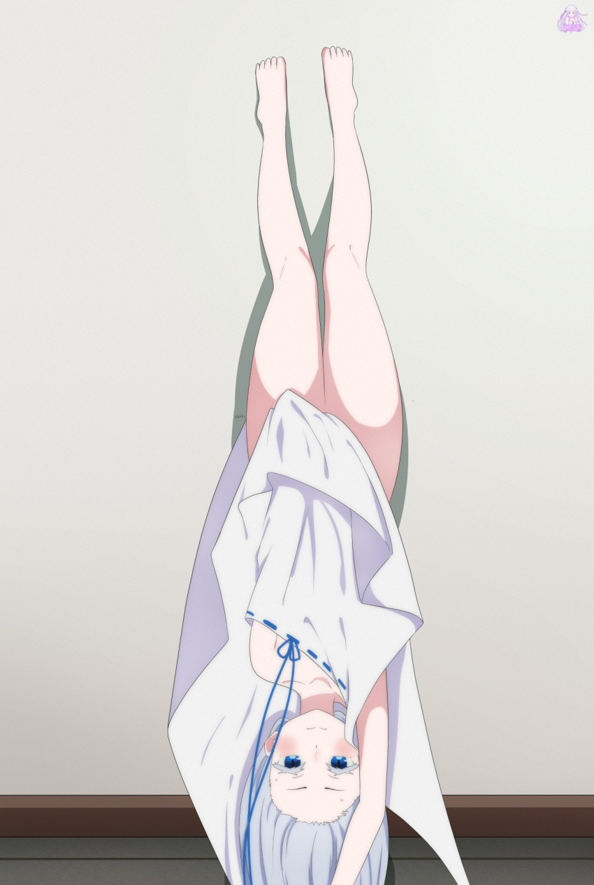 1girls 2020s 2022 bare_thighs barefoot blue_eyes blush clothes_lift colored_eyelashes dress dress_lift dress_tug female floor handstand hi_res indoors looking_at_viewer lycoris_challenge no_bra no_panties no_underwear pale-skinned_female pale_skin pandora_(re:zero) perfart platinum_hair re:zero_kara_hajimeru_isekai_seikatsu signature solo thighs toes wall white_dress witch