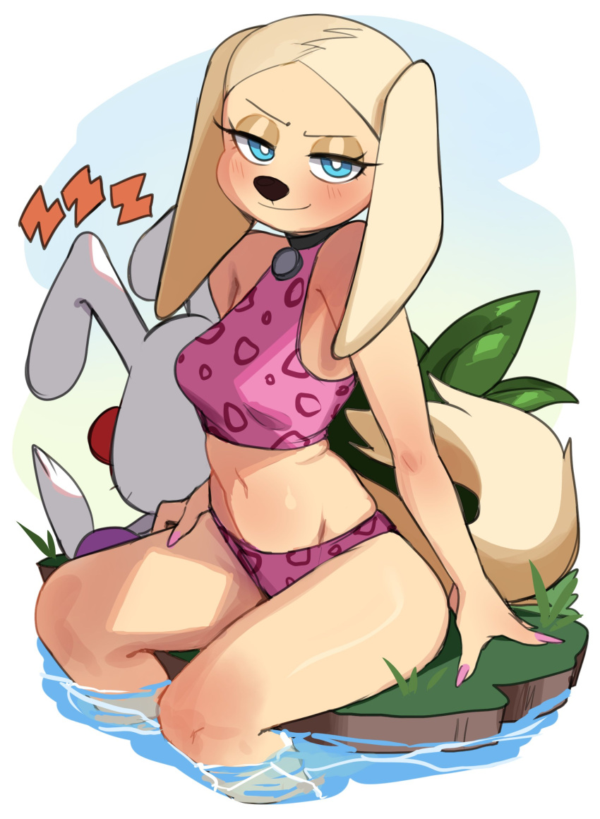 absurd_res anthro biped blush brandy_and_mr._whiskers brandy_harrington breasts canid canine canis clothed clothing disney domestic_dog eyelashes female hi_res lagomorph leporid lightsource mammal mr._whiskers pupils rabbit smile swimwear thick_thighs